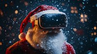 Santa Claus wearing virtual reality headset against dark background with bokeh lights and falling snow, creating festive holiday atmosphere.