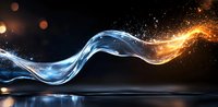 Flowing abstract wave combining water and fire elements with glowing light effects and particles on dark background, reflective surface creates dramatic contrast.