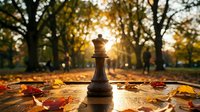 Chess king piece standing on wooden board surrounded by colorful autumn leaves in park with golden sunlight filtering through trees during fall season.