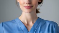 Smiling female healthcare professional in blue medical scrubs against neutral gray background, portraying confidence and approachability.