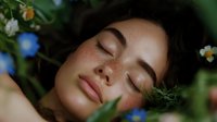 Young woman with closed eyes and freckles resting among blooming flowers and green foliage, conveying peace and natural skincare wellness.