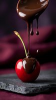Melted chocolate dripping onto fresh red cherry on dark slate board with purple background for dessert and confectionery advertising.