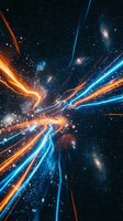 Dynamic cosmic energy burst with vibrant orange and blue light trails radiating through starry space creating spectacular celestial explosion effect.