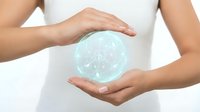 Woman hands protecting glowing digital sphere with network connections representing data security, technology protection and cyber safety concepts.