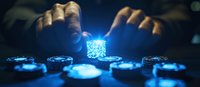 Glowing blue digital cryptocurrency tokens with hands reaching for virtual blockchain coin on dark background, futuristic financial technology concept.