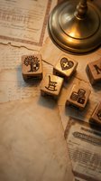 Vintage wooden stamps with business symbols on aged financial documents beside brass bell creating nostalgic office atmosphere for professional branding.