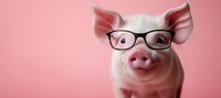 Funny close up portrait of smart piglet wearing black glasses against pink background, smiling with clever expression. Concept of education and wisdom.