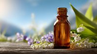 Amber glass essential oil bottle with lily of the valley and lavender flowers on wooden surface against blurred natural background. Perfect for aromatherapy marketing.
