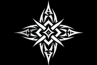 Geometric tribal cross pattern in white on black background, symmetrical star shape with pointed edges and intricate details. Isolated design for tattoo art.