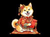 Shiba Inu dog wearing red traditional Asian clothing and holding golden ornaments, isolated on transparent background for t-shirts, stickers, and print-on-demand designs.