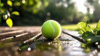 Bright green tennis ball resting on wet wooden surface with bokeh background and fresh leaves, creating serene outdoor sports atmosphere.