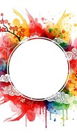 Vibrant watercolor splash frame with ornate decorative border and Asian lanterns on white background for creative design projects.