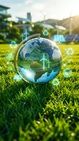 Globe with renewable energy icons on green grass showcasing sustainable technology, solar panels, wind turbines and recycling symbols for eco-friendly concepts.