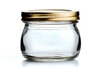 Empty glass jar with gold metal screw lid isolated on white background, clean transparent container for preserves, honey or homemade foods, studio lighting.