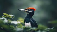 Majestic pileated woodpecker with distinctive red crest perched among green foliage, side profile view showing sharp beak and black-white plumage in natural habitat.