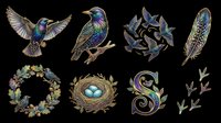 Colorful hummingbirds, songbirds, feathers, bird silhouettes, floral wreath, nest with eggs, and decorative swirls isolated on transparent background. Ready for t-shirts, clipart, stickers, sublimation, and print-on-demand designs.