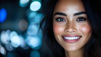 Young Hispanic woman with perfect white smile and glowing skin against blurred city lights background at night for beauty and lifestyle campaigns.