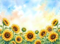 Watercolor sunflower field border with bright yellow blooms and green stems against soft blue sky background for greeting cards and seasonal designs.