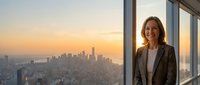 Middle-aged woman with shoulder-length brown hair and light skin tone, wearing professional business attire with a blazer, standing by floor-to-ceiling windows overlooking a sprawling cityscape at sunset. Corporate office setting.