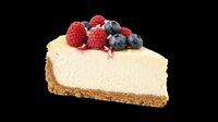 Creamy cheesecake slice with graham cracker crust topped with fresh raspberries and blueberries, isolated on transparent background. Ready for menu design, food packaging, recipe blogs, print materials, and digital culinary projects.