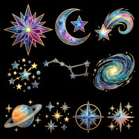 Celestial star and moon design elements isolated on transparent background, ready for t-shirt designs, clipart, stickers, sublimation and print-on-demand projects. Features galaxy patterns, compass rose and cosmic decorations.