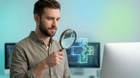 Young Caucasian businessman examining digital healthcare data with magnifying glass in modern office environment for medical technology analysis.