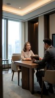 Two professionals in business casual attire conduct a meeting in a modern high-rise office with floor-to-ceiling windows overlooking the city skyline. The woman, appearing to be in her thirties with light brown hair, holds a tablet while discussing with a man in a brown blazer. Warm ambient ceiling lighting and contemporary furniture create an upscale corporate environment.