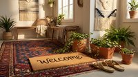 Cozy boho entryway with a welcome doormat on a vintage rug, surrounded by lush green plants in terracotta pots and macrame wall decor.