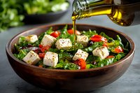 Fresh Mediterranean salad with feta cheese, cherry tomatoes and mixed greens being drizzled with golden olive oil in rustic wooden bowl for healthy dining.