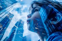 Young Asian woman looking up at modern glass skyscrapers in blue tones, dramatic low angle view capturing urban architecture and cloudy sky background.