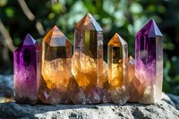 Colorful amethyst and citrine crystal points cluster on natural stone, glowing with purple and golden hues against blurred green foliage background.