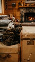 Tortoiseshell cat resting on vintage suitcase in cozy cabin living room with stone fireplace and warm lighting creating rustic home atmosphere.