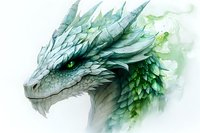 Mystical green dragon head with luminous eyes and detailed scales rendered in ethereal watercolor style, emerging from misty background for fantasy art and design projects.
