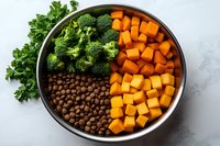 Fresh ingredients for healthy dog food with broccoli florets, diced butternut squash and brown kibble in metal bowl, garnished with parsley on light surface.