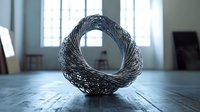 Abstract twisted metal wire sculpture forming circular shape on wooden floor in minimalist interior space with natural window light and soft shadows.