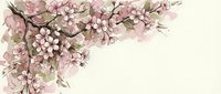 Cherry blossom branch with pink flowers in soft watercolor style on light background, perfect for spring greeting cards and decor.