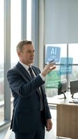 Professional middle-aged Caucasian businessman in dark suit presenting AI legal technology solutions with holographic interface in modern office environment.