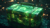 Glowing green vintage suitcase with magical luminescent particles and mystical aura against dark background with bokeh lights, creating supernatural atmosphere.