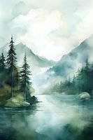 Misty mountain lake surrounded by evergreen forest in soft watercolor style, featuring pine trees, rocky shores and tranquil water reflecting foggy peaks.