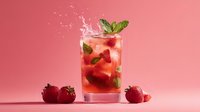 Fresh strawberry mojito cocktail with mint leaves and splash in glass on pink background for summer refreshment and beverage photography.