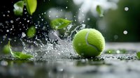 Tennis ball bouncing on wet surface with water splash and green leaves in background, captured in dynamic high-speed photography.