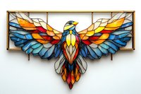 Stained glass style bird with spread wings in vibrant blue, orange, and yellow colors mounted on white wall, geometric mosaic pattern artwork for home decor.