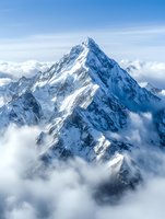 Majestic snow-covered mountain peak rising above clouds in dramatic aerial view, with rugged rocky cliffs and pristine white slopes creating striking natural landscape.