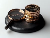 Golden magnifying glass showing financial chart graph next to stack of metallic coins on black stone platform, dramatic lighting emphasizes market analysis concept.