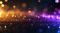 Magical glowing bokeh lights on dark background with sparkles and particles creating dreamy atmosphere in gold, purple and blue colors. Abstract festive backdrop.