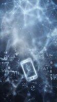 Smartphone with glowing screen displaying digital interface surrounded by network connections, circuit board patterns, and city skyline silhouette in blue tones for technology and cybersecurity concepts.