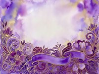 Ornate purple and gold floral border with decorative ribbon banner on watercolor background, suitable for invitations, greeting cards, and design projects.
