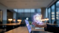 Young professional male hand holding smartphone displaying glowing neon arrow growth symbol in modern office workspace with city skyline view for business success and digital innovation concepts.