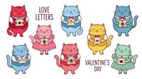 Cute cartoon cats holding love letters and hearts for Valentine's Day celebration. Colorful kawaii style felines with romantic messages isolated on white.