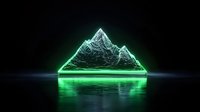 Glowing green neon mountain peak reflection on dark water surface with dramatic lighting effects creates futuristic landscape atmosphere.